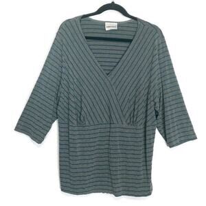 Fashion Bug Womens Top 22/24 Gray Striped V-Neck 3/4 Sleeve Wrap Style Stretch